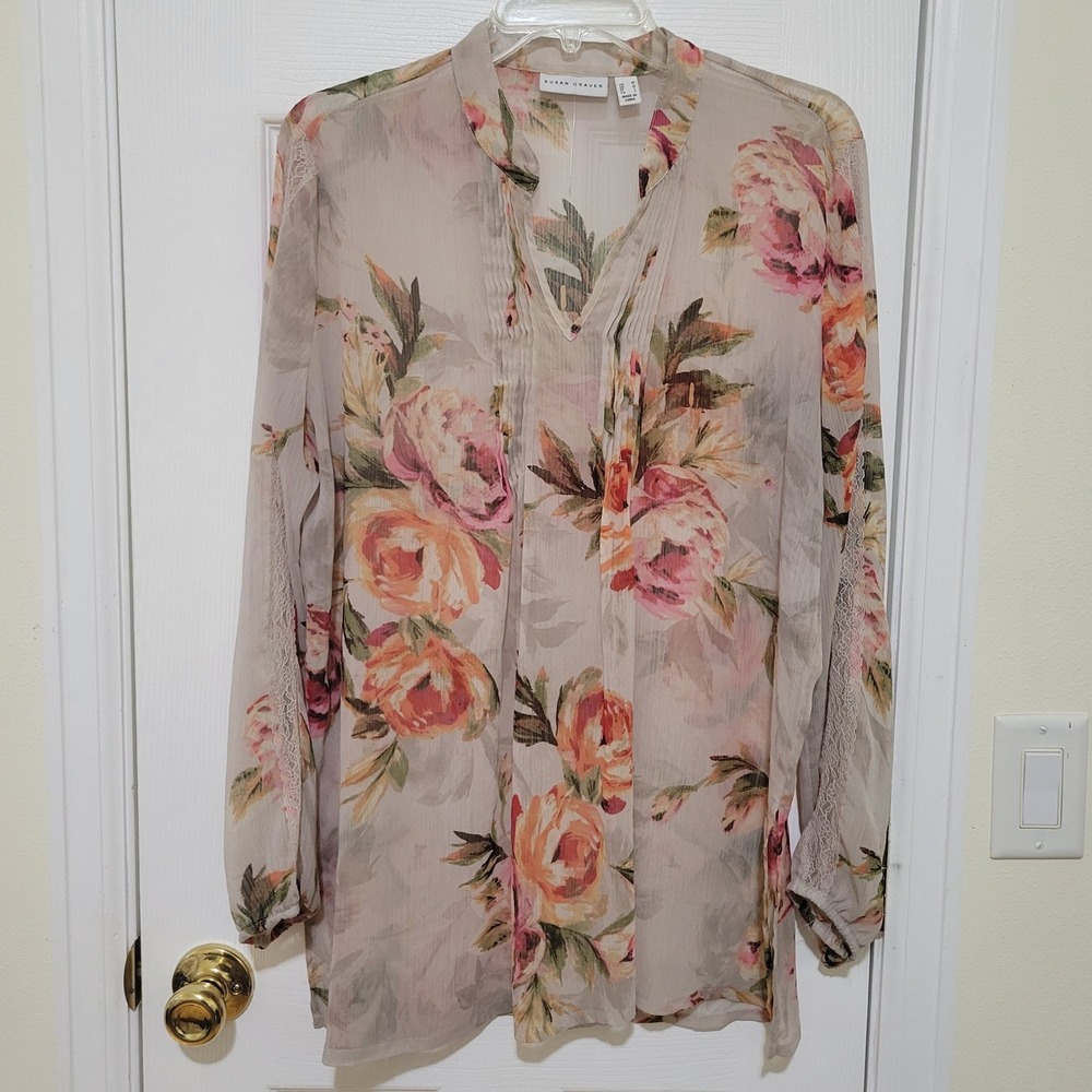 Susan Graver Floral Chiffon Blouse Pink Orange Roses Lace Trim Taupe Medium
